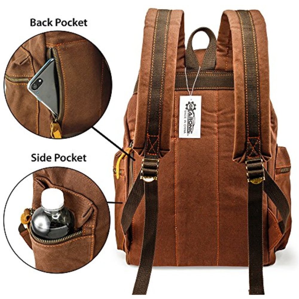 NEW GEARONIC TM 21L Vintage Canvas Backpack for Men Leather Rucksack Knapsack - Picture 4 of 6